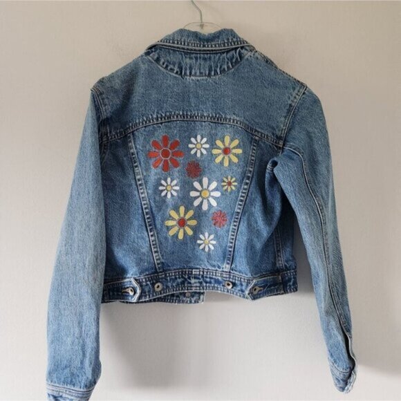 GAP | Vintage denim jacket cropped daisy embroidered floral sz S - Picture 2 of 4